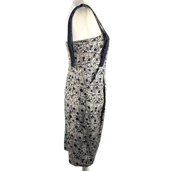 Adam Lippes New !! Jacquard Sheath Dress Sz Small 4 Beige & Navy Floral Linen - Picture 12 of 13